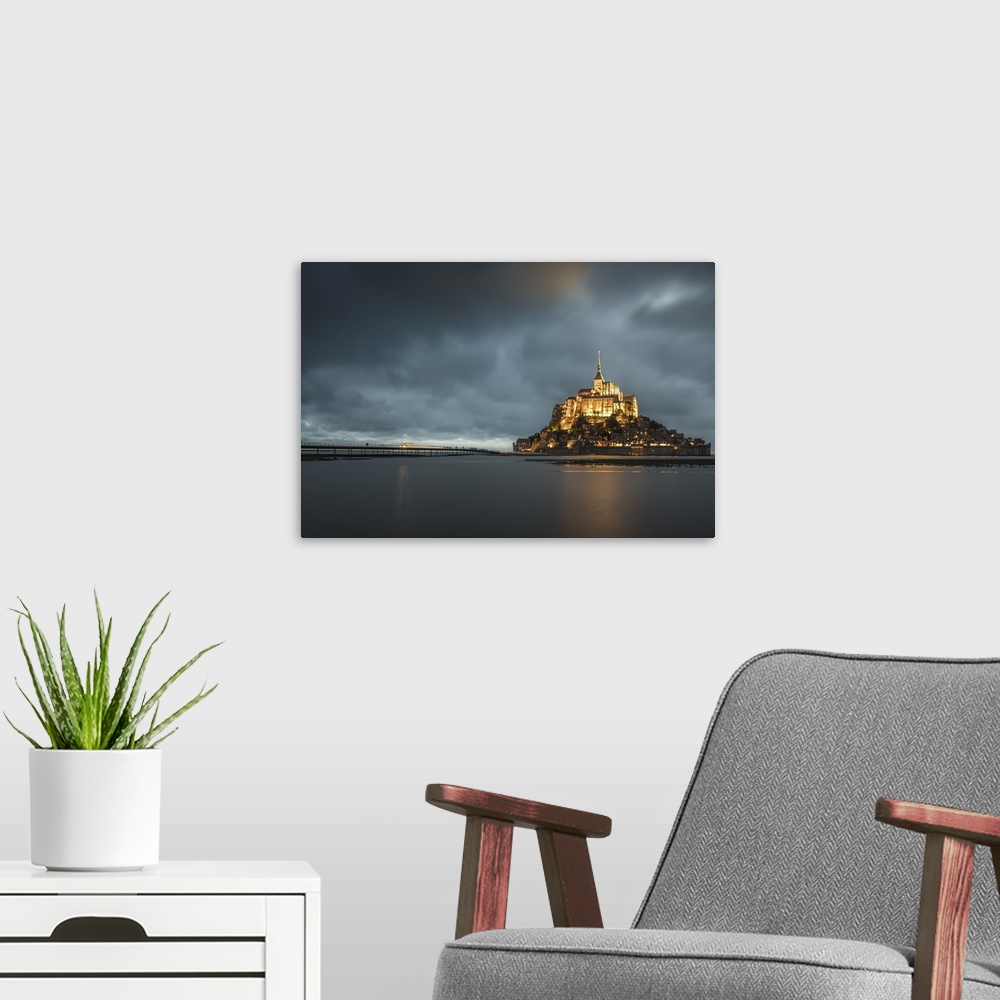 A modern room featuring Cloudy sky at dusk, Mont-St-Michel, Normandy, France