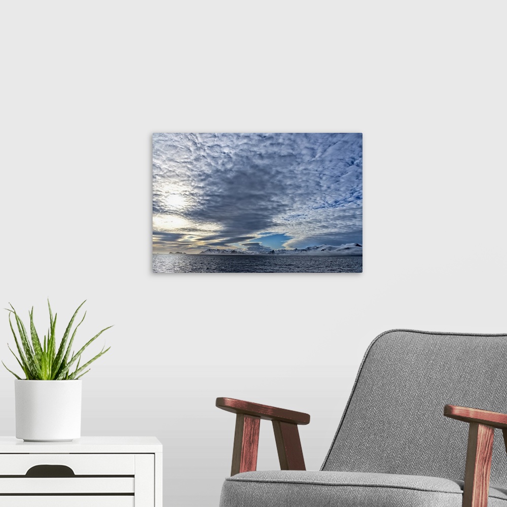 A modern room featuring Coastline and clouds, Right Whale Bay, South Georgia, Antarctic, Polar Regions