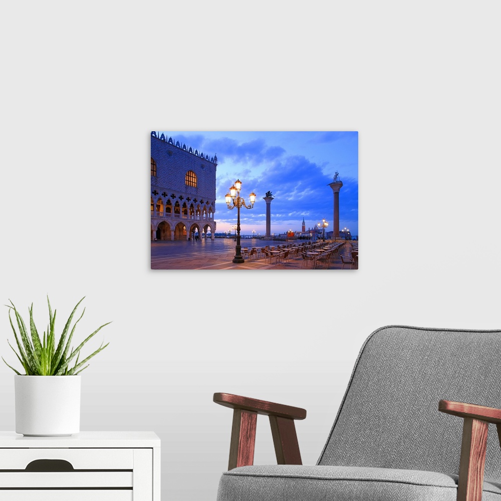 A modern room featuring Doge's Palace and Piazzetta against San Giorgio Maggiore in the early morning light, Venice, Vene...