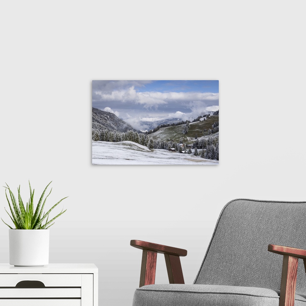 A modern room featuring Early snow near to the Alpe di Siusi in the Dolomites, Trentinto-Alto Adige/South Tyrol, Italy, E...