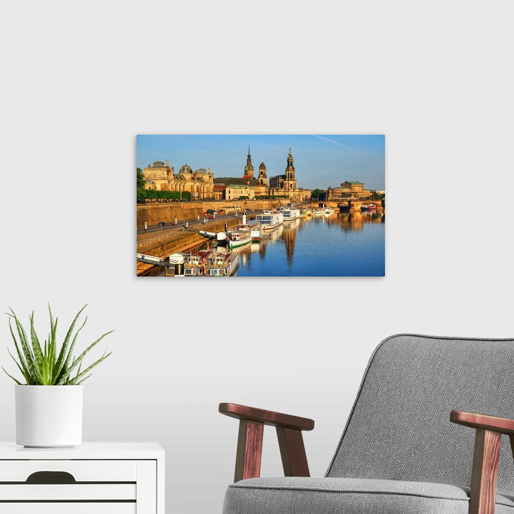 A modern room featuring Elbe River and Old Town skyline, Dresden, Saxony, Germany