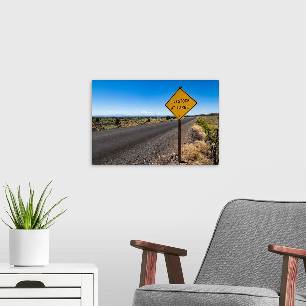 A modern room featuring Empty road in central Oregon's High Desert with Livestock at Large sign and the Three Sisters pea...
