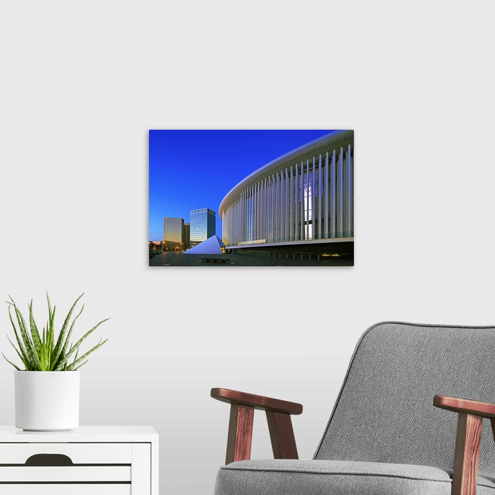A modern room featuring European Court of Justice and New Philharmonic Hall on Kirchberg in Luxembourg City, Grand Duchy ...
