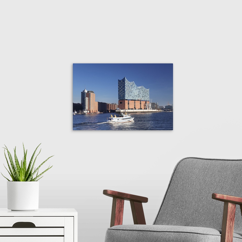 A modern room featuring Excursion boat on Elbe River, Elbphilharmonie, HafenCity, Hamburg, Hanseatic City, Germany