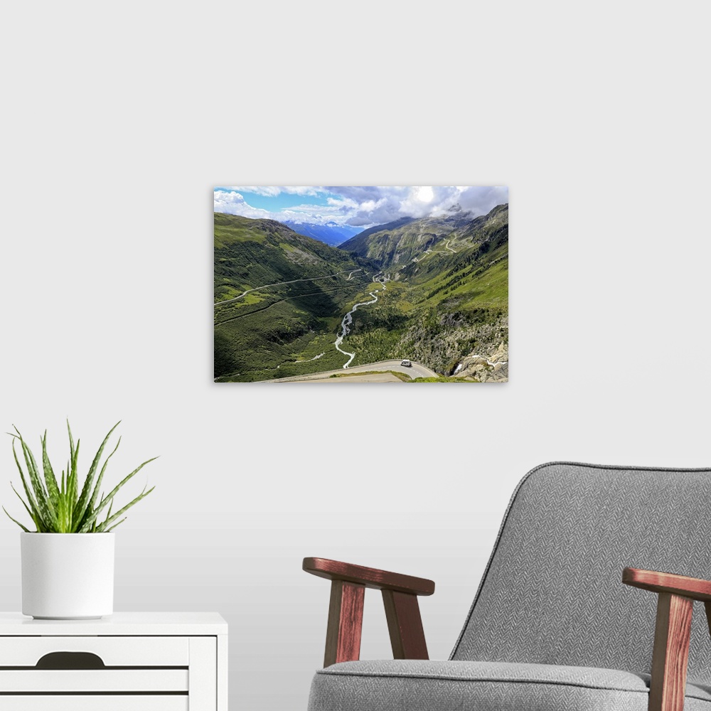 A modern room featuring Gletsch with Rhone River, Grimsel and Furka Pass Roads, Canton of Valais, Switzerland