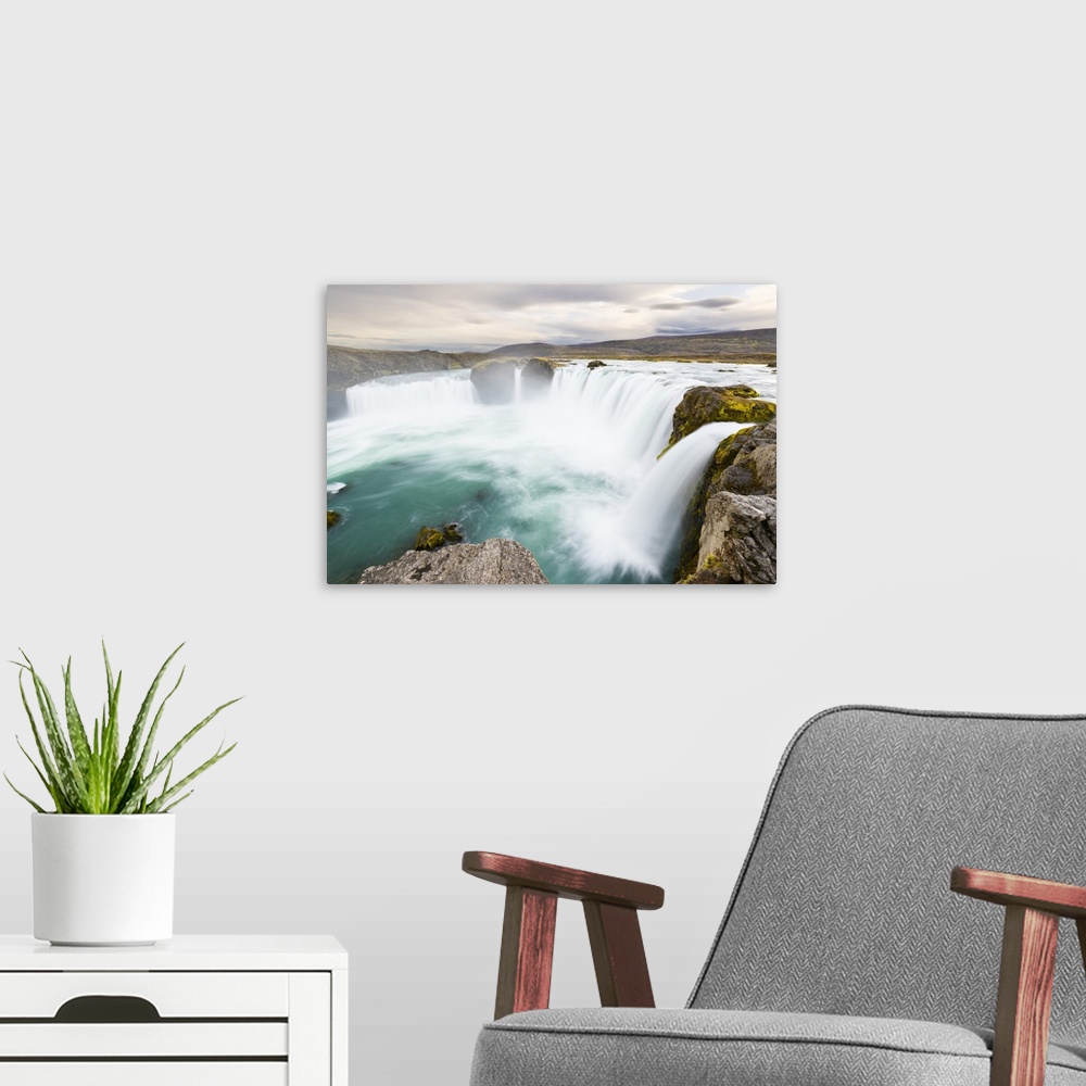 A modern room featuring Godafoss Waterfall, Iceland, Polar Regions