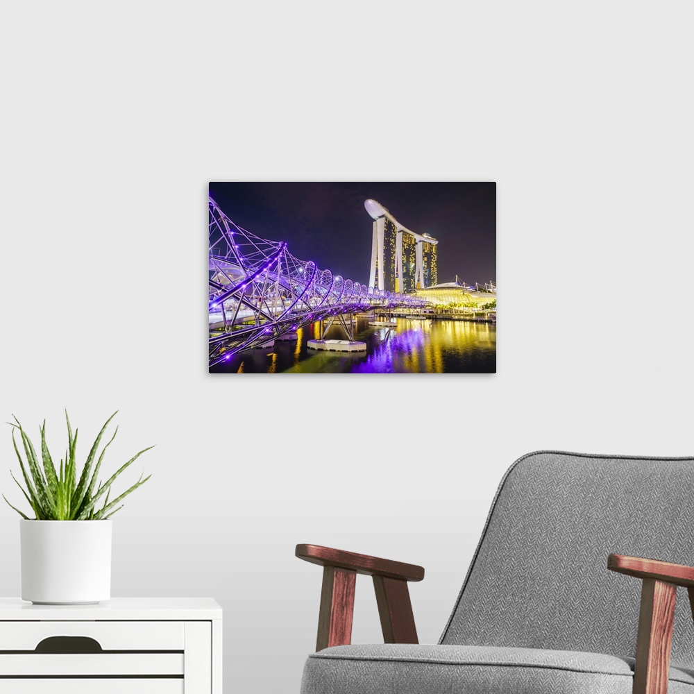 A modern room featuring Helix Bridge leading to the Marina Bay Sands, Marina Bay, Singapore, Southeast Asia, Asia