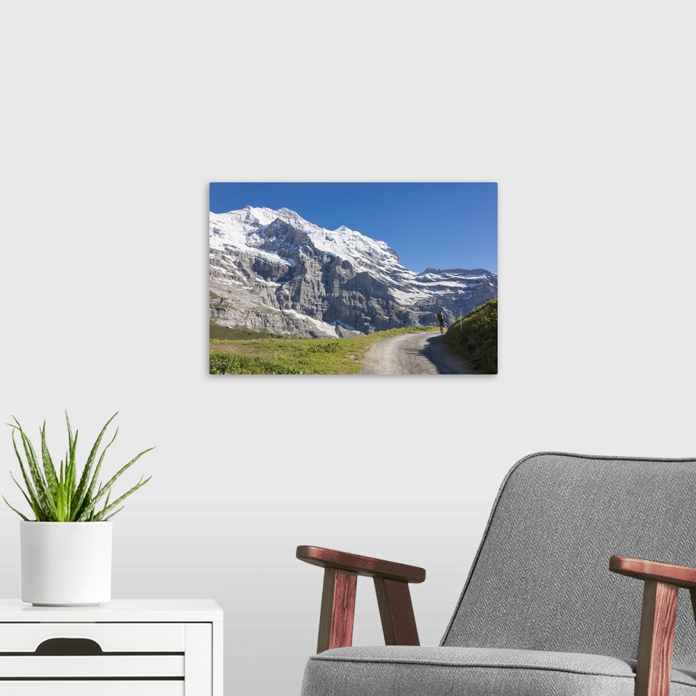 A modern room featuring Hiker on the path between green meadows and snowy peaks, Wengernalp, Wengen, Bernese Oberland, Ca...