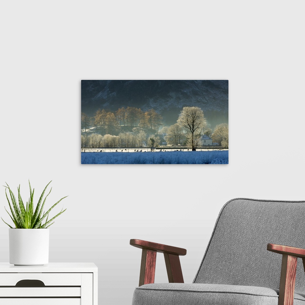 A modern room featuring Hoar frost over Stonethwaite village in Borrowdale, Lake District National Park, Cumbria, England...