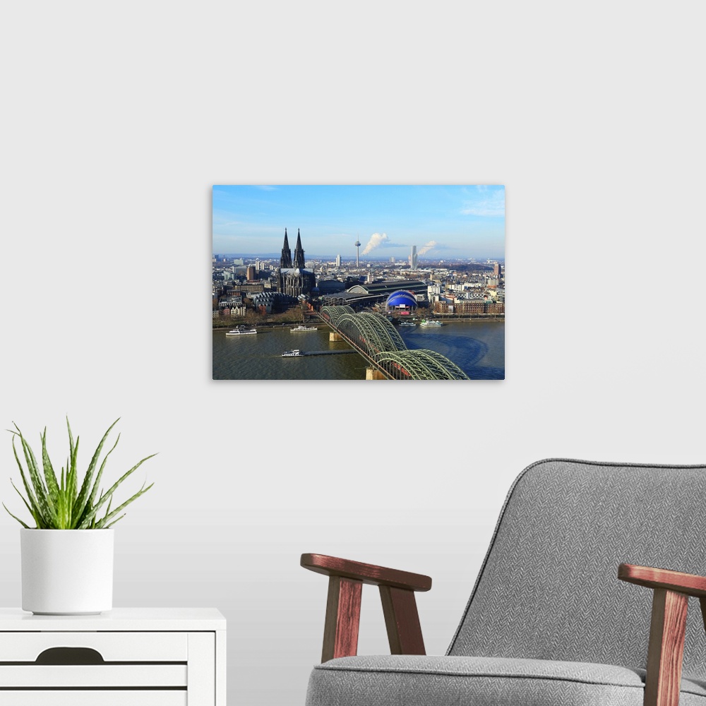 A modern room featuring Hohenzollern Bridge with Cologne Cathedral, Cologne, North Rhine-Westphalia, Germany