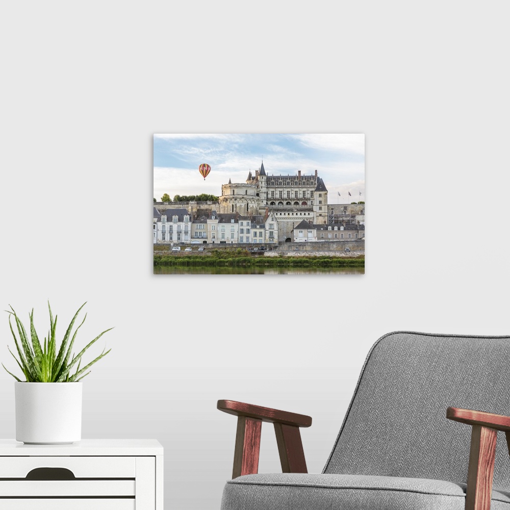 A modern room featuring Hot-air balloon in the sky above the castle, Amboise, Indre-et-Loire, Loire Valley, France