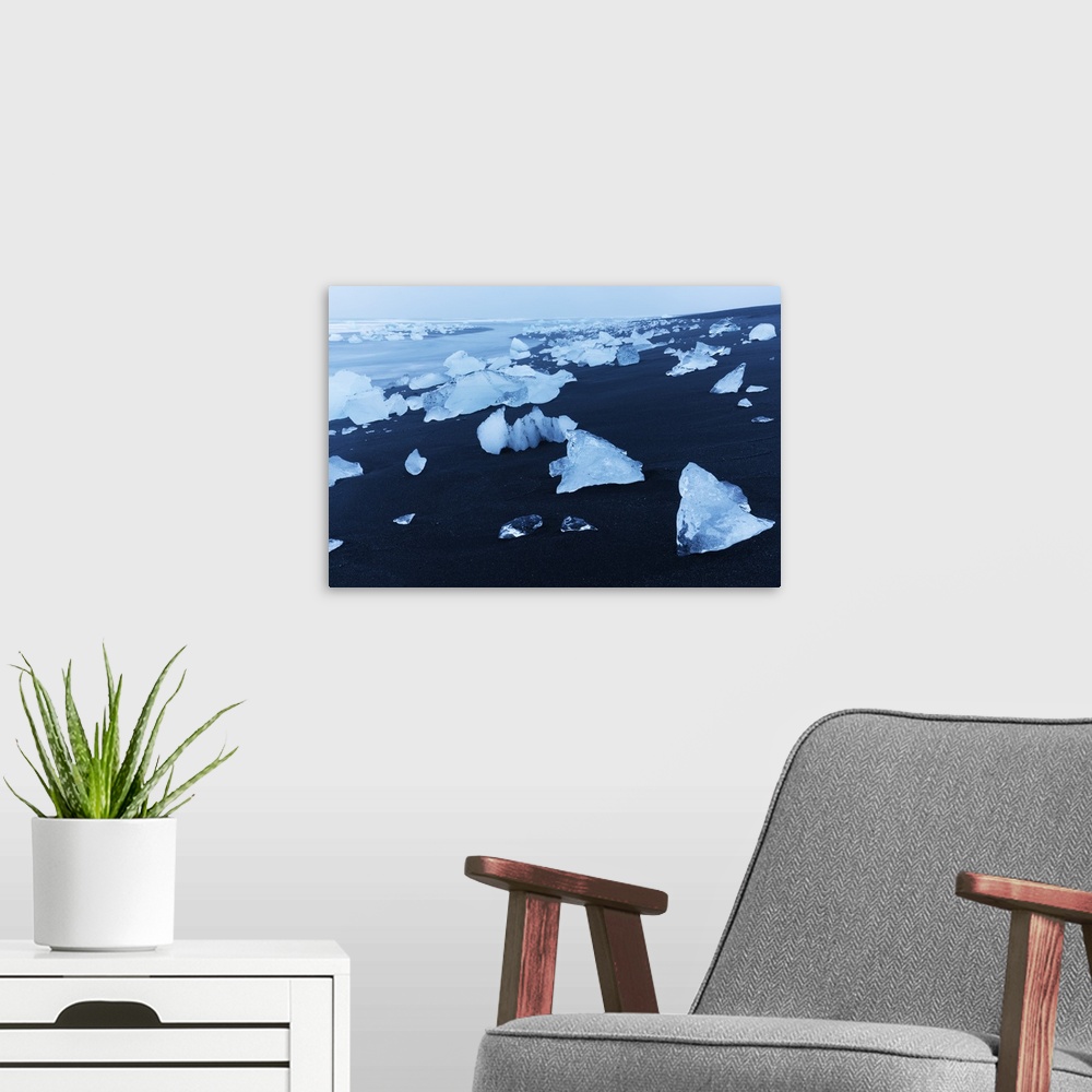 A modern room featuring Icebergs on the beach at Jokulsarlon, Iceland, Polar Regions