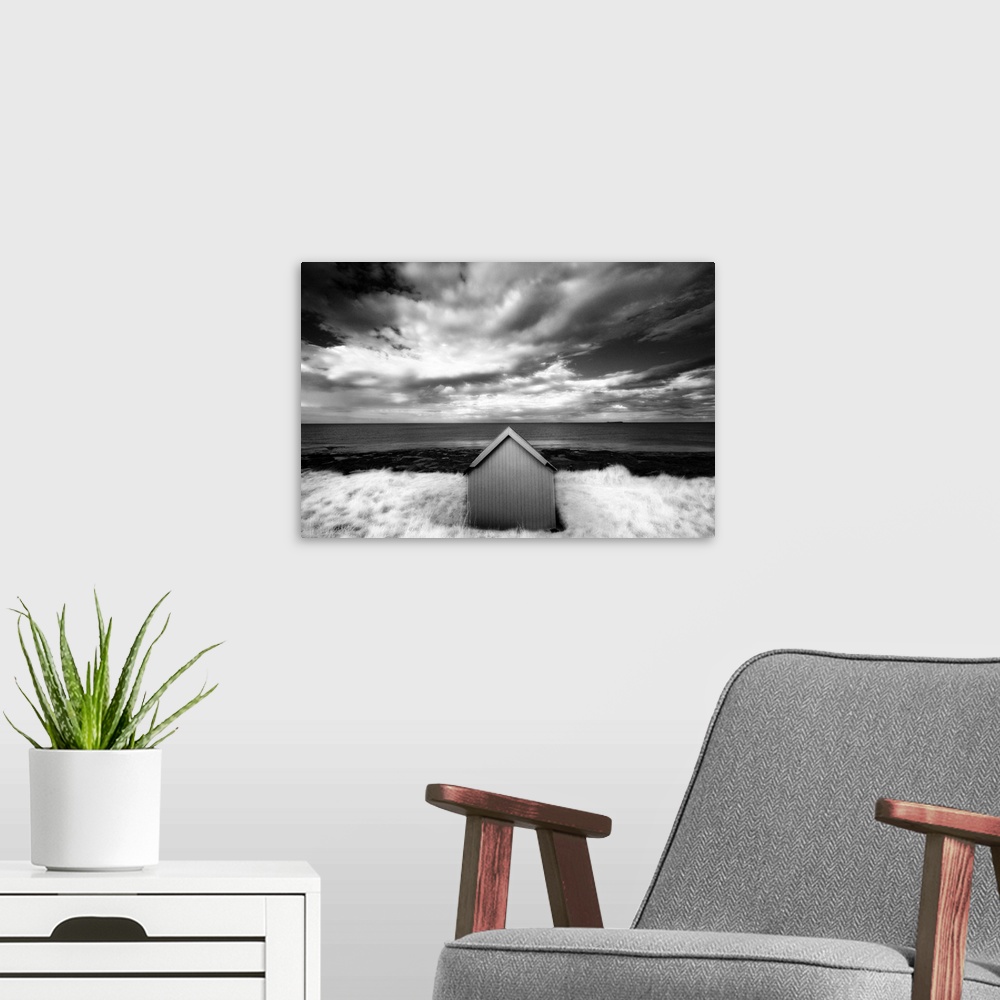 A modern room featuring Infrared image of hut in dunes overlooking the North Sea, Bamburgh, England