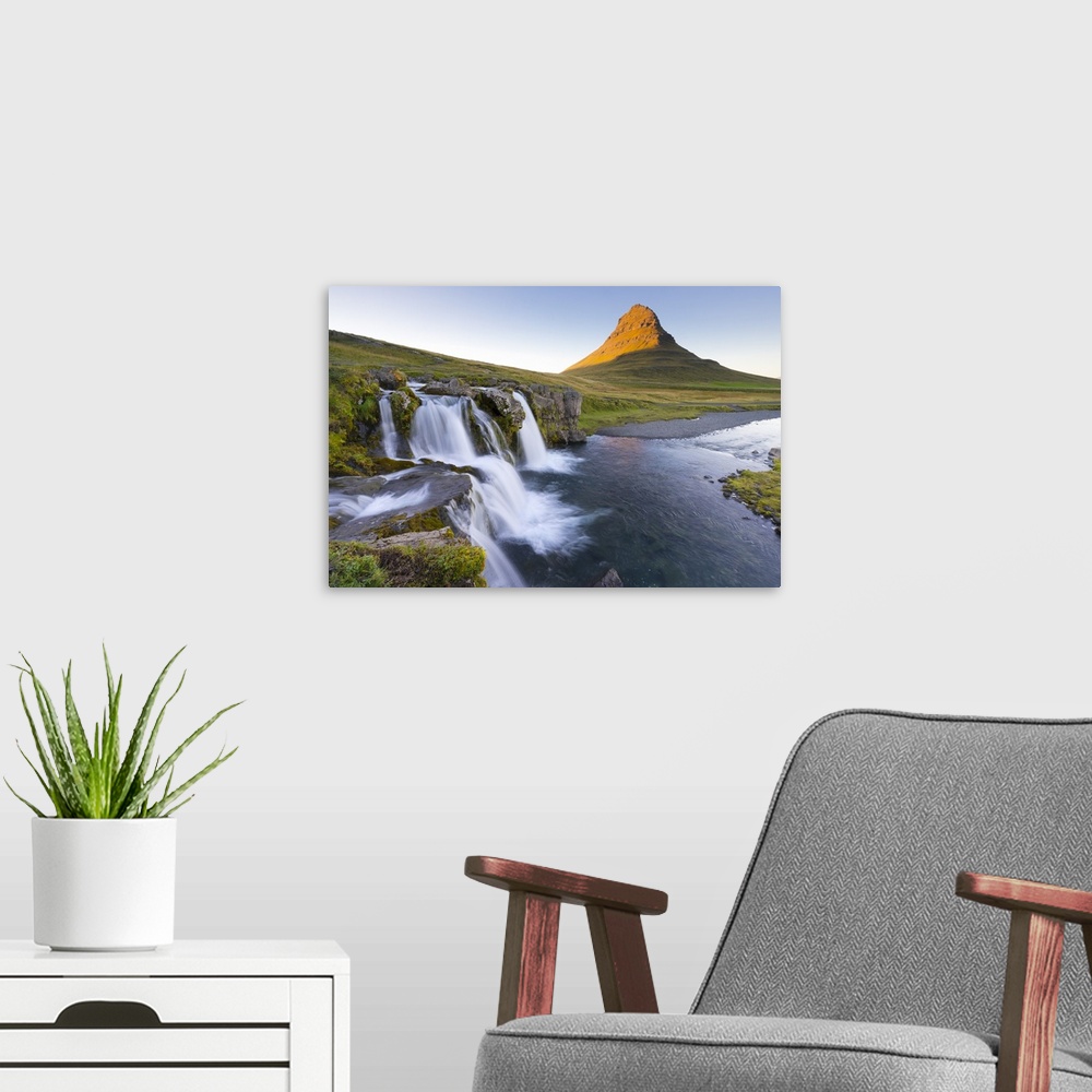 A modern room featuring Kirkjufell Mountain and Kirkjufoss Waterfall at sunset, Snaefellsnes Peninsula, Iceland, Polar Re...