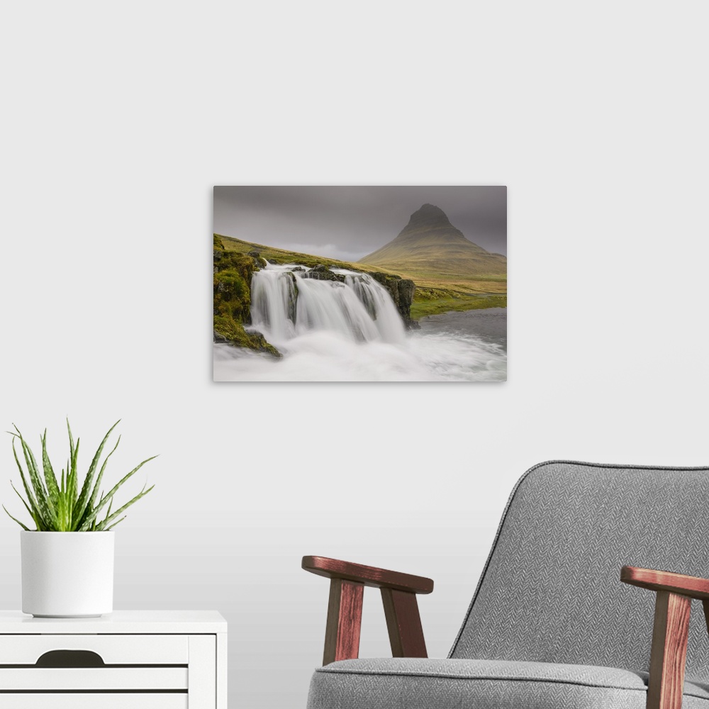 A modern room featuring Kirkjufellsfoss on a cloudy day on the Snaefellsness Peninsula, Iceland, Polar Regions