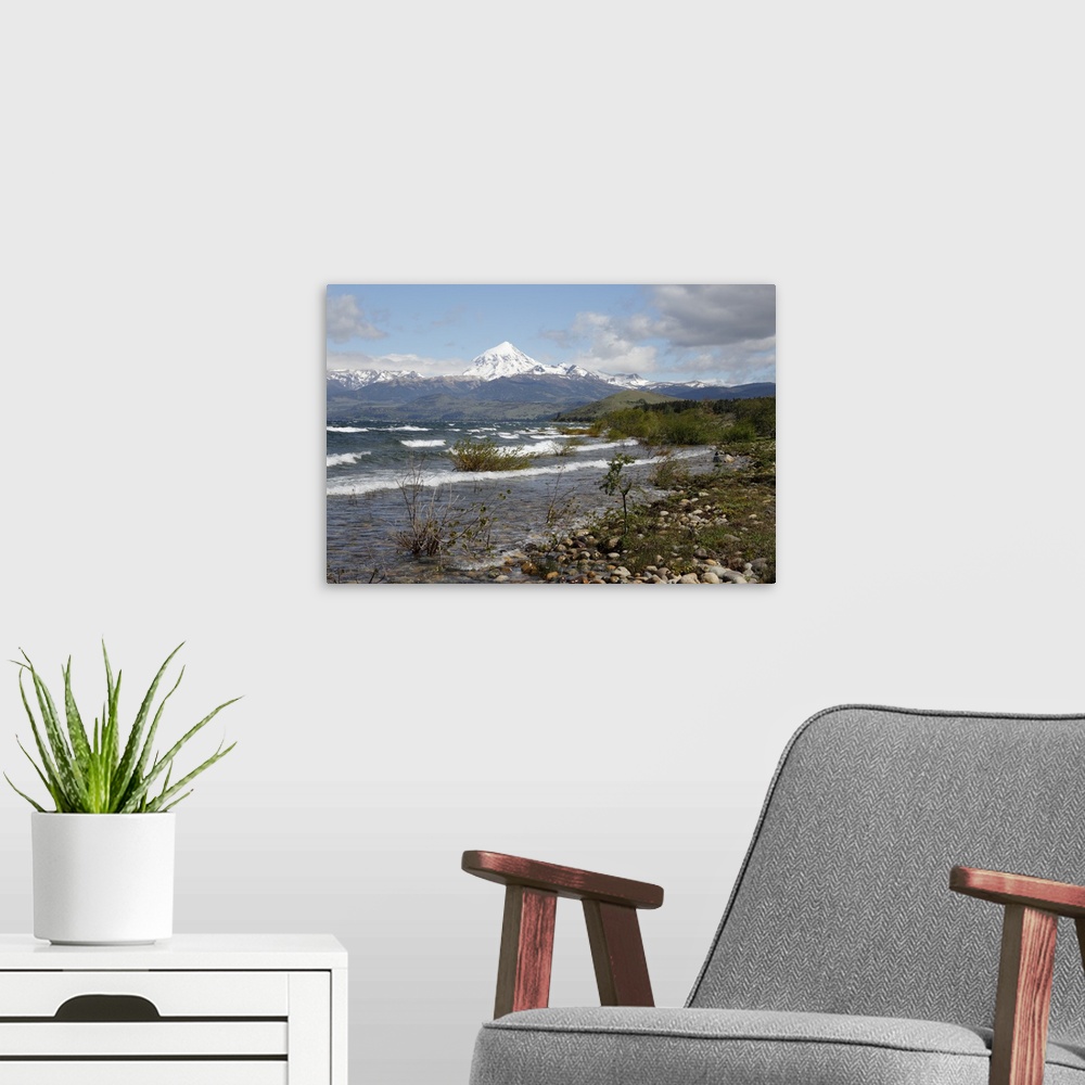 A modern room featuring Lanin volcano and Lago Huechulafquen, Lanin National Park, near Junin de los Andes, The Lake Dist...
