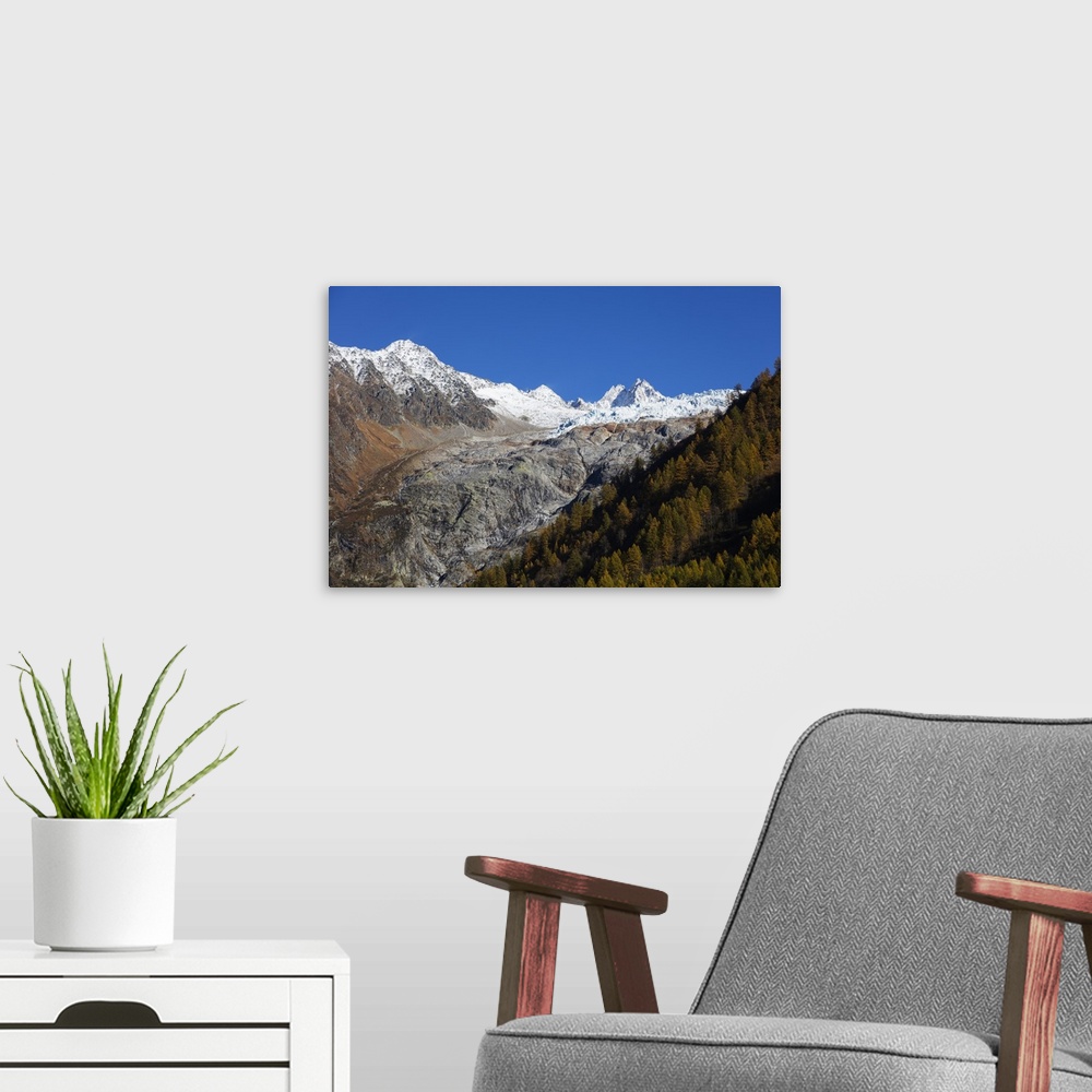 A modern room featuring Le Tour glacier, autumn, Chamonix, Haute Savoie, Rhone Alpes, French Alps, France, Europe