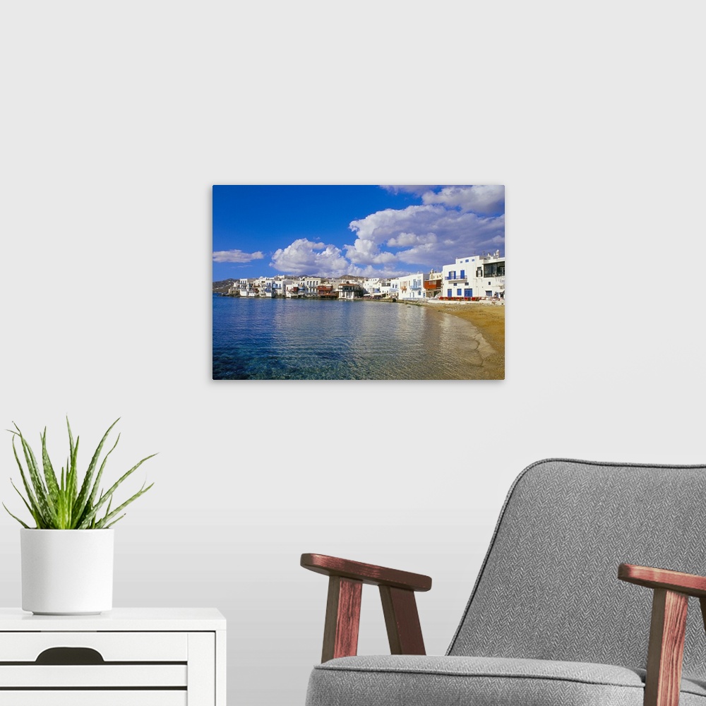 A modern room featuring Little Venice quarter and harbour, Mykonos, Cyclades islands, Greece