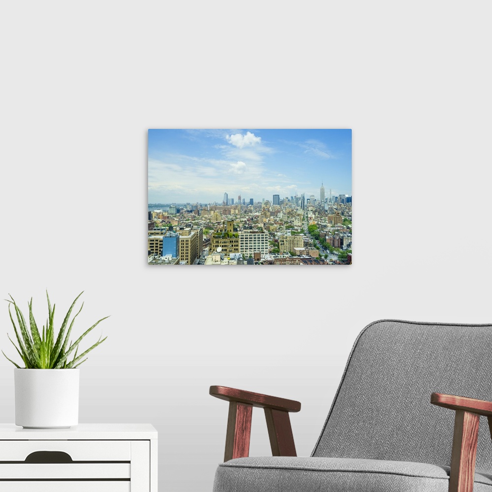 A modern room featuring Manhattan skyline from SoHo to the Empire State Building, New York City, United States of America...