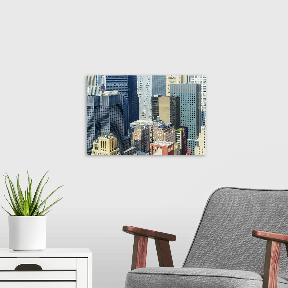 A modern room featuring Manhattan skyscrapers, New York City, United States of America, North America