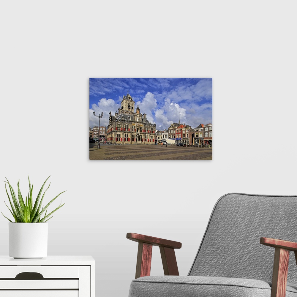 A modern room featuring Market Square with Town Hall, Delft, South Holland, Netherlands