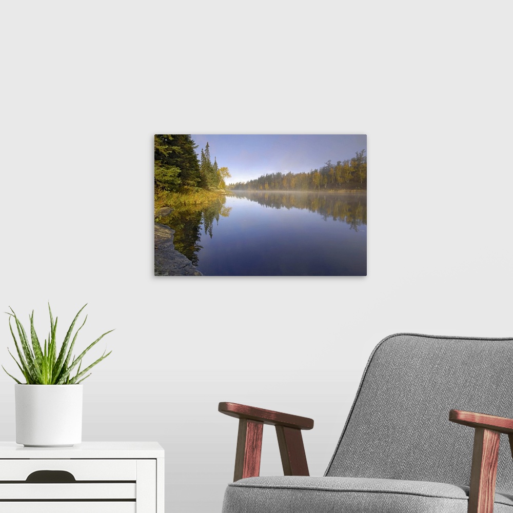 A modern room featuring Misty morning on Hoe Lake, Superior National Forest, Minnesota