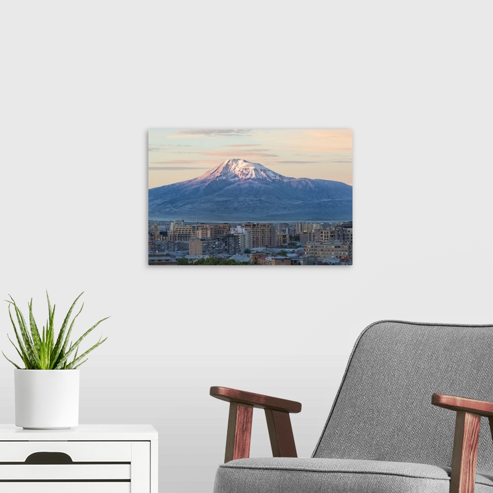 A modern room featuring Mount Ararat and Yerevan viewed from Cascade at sunrise, Yerevan, Armenia, Cemtral Asia, Asia