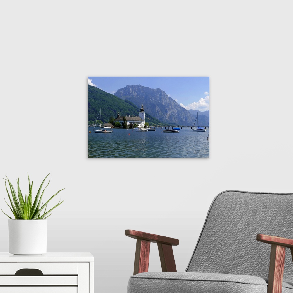 A modern room featuring Ort Castle in the Town of Gmunden on Lake Traunsee, Salzkammergut, Upper Austria, Austria