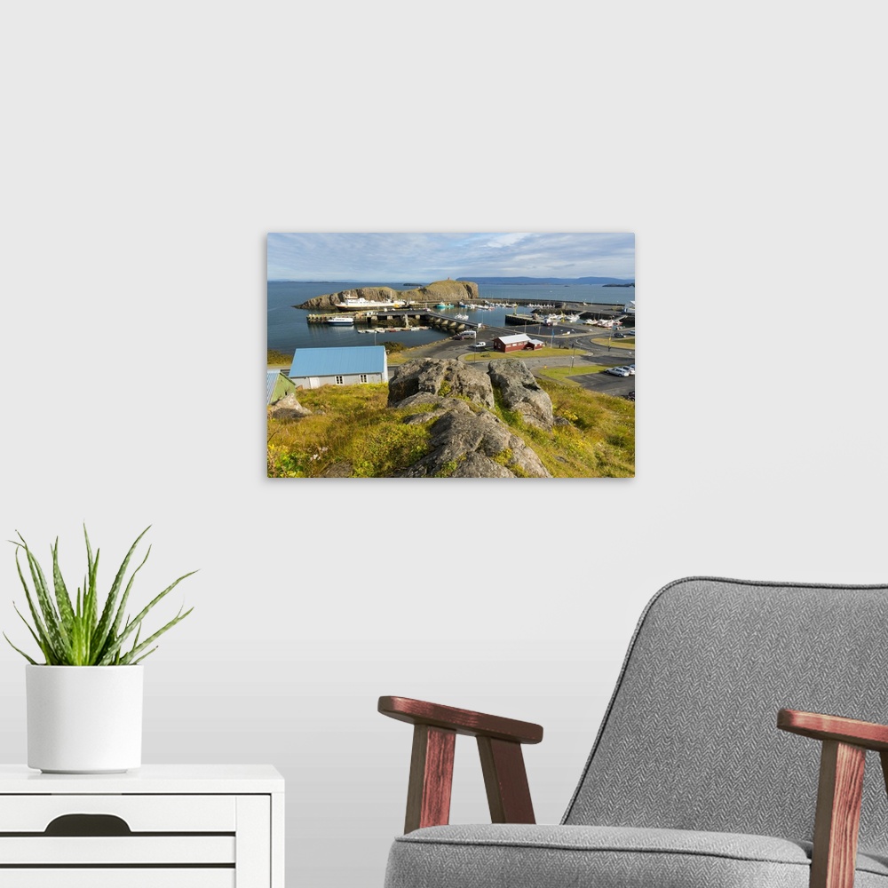A modern room featuring Overview of the Harbour at Stykkisholmur, Snaefellsnes Peninsula, Iceland, Polar Regions