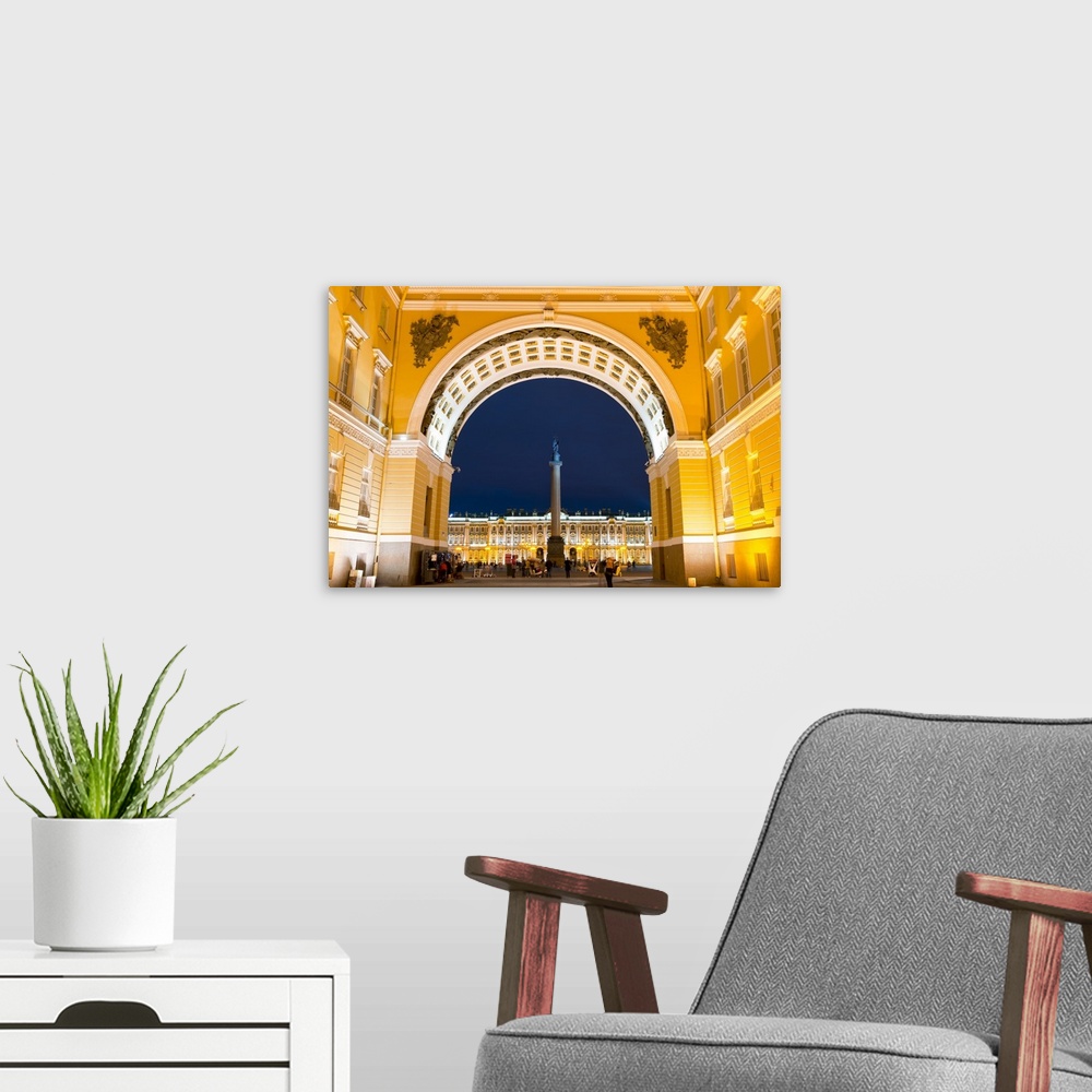 A modern room featuring View of Palace Square, Alexander Column and the Winter Palace through the Triumphal Arch of the G...