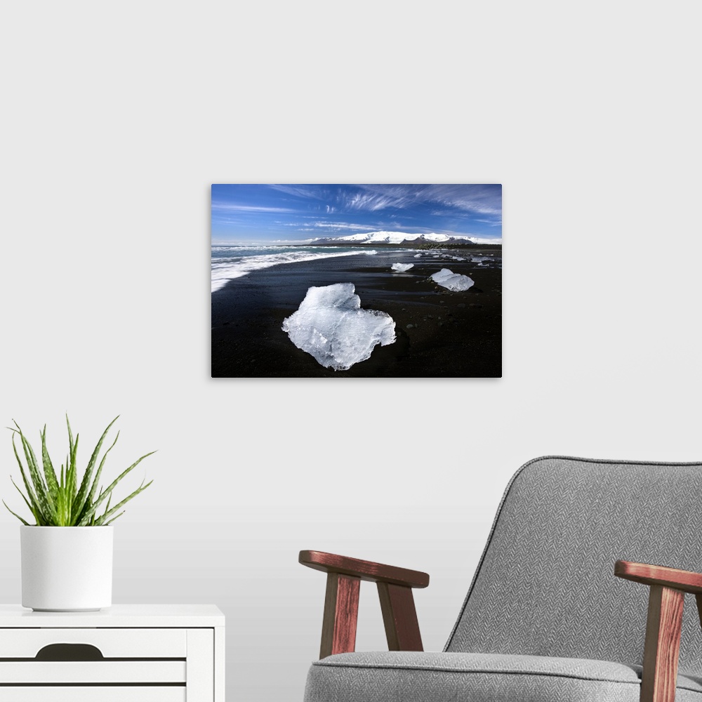 A modern room featuring Piece of glacial ice washed ashore, Jokulsarlon, Iceland