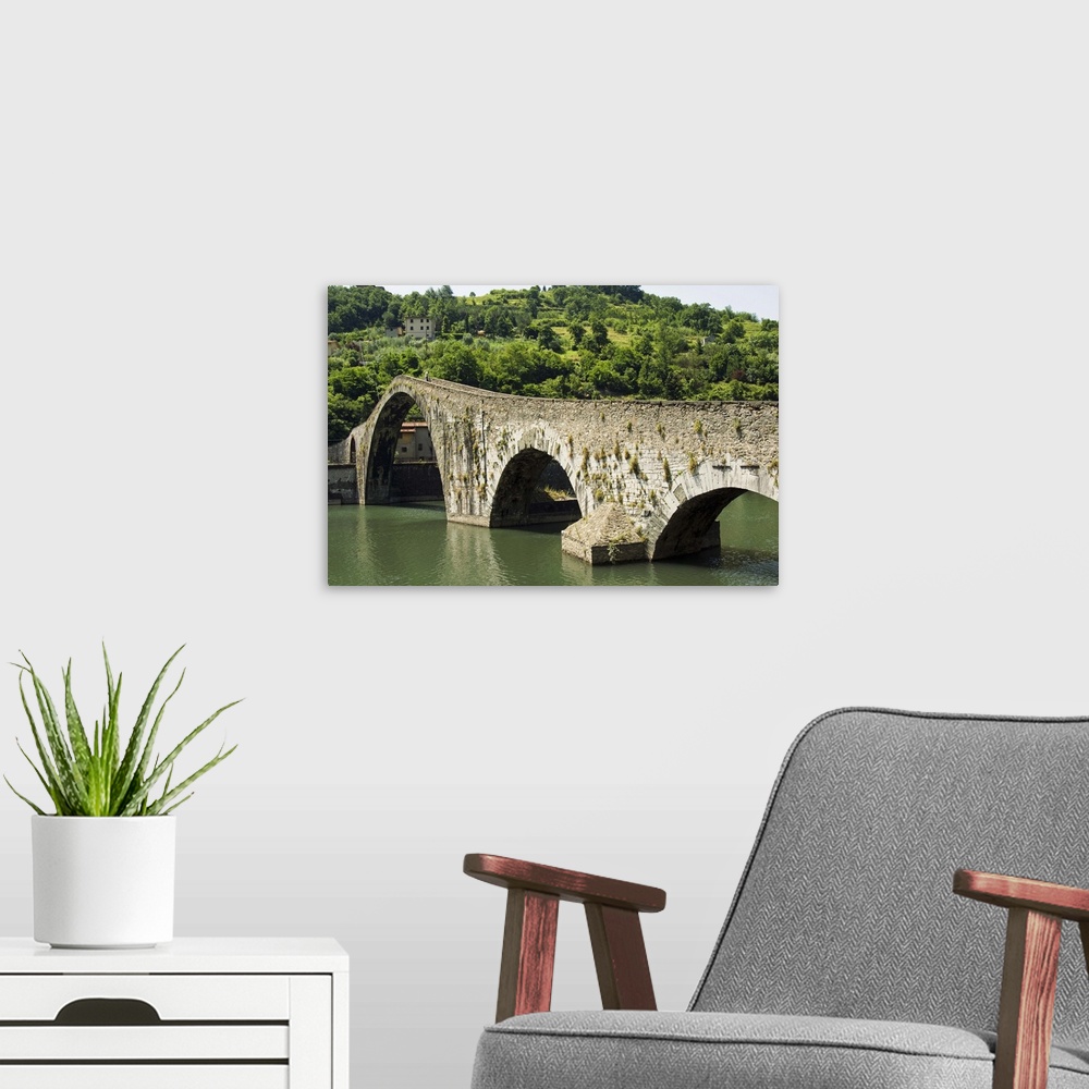 A modern room featuring Ponte del Diavolo or Ponte della Maddalena, Borgo a Mozzano, Lucca, Tuscany, Italy