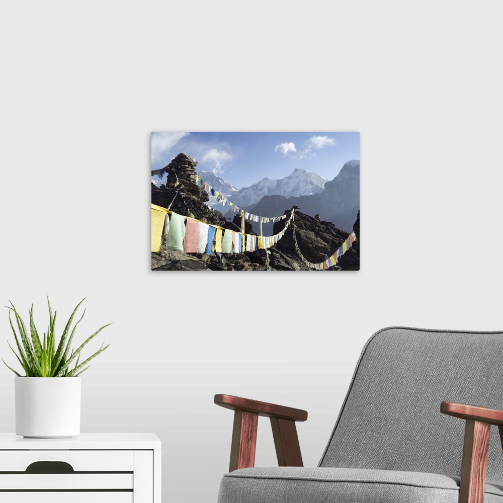 A modern room featuring Prayer flags, Gokyo, Solu Khumbu Everest Region, Himalayas, Nepal