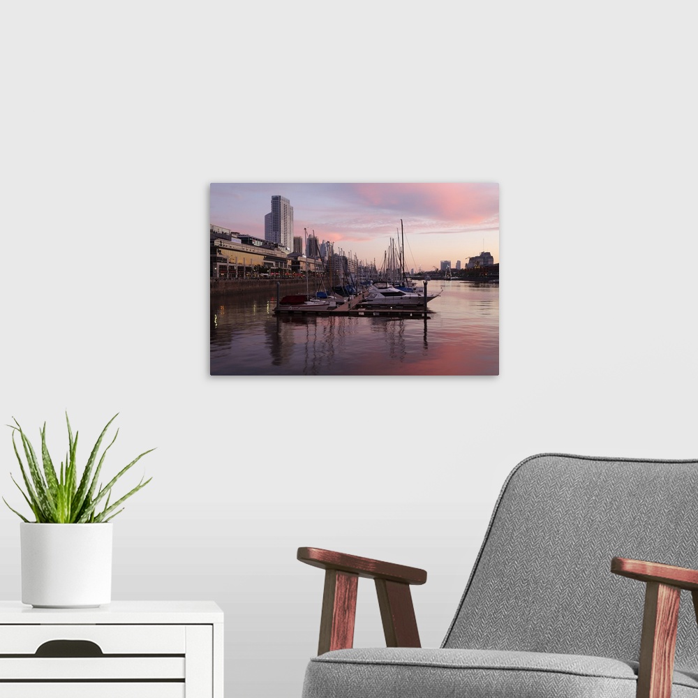 A modern room featuring Puerto Madero at dusk, San Telmo, Buenos Aires, Argentina, South America