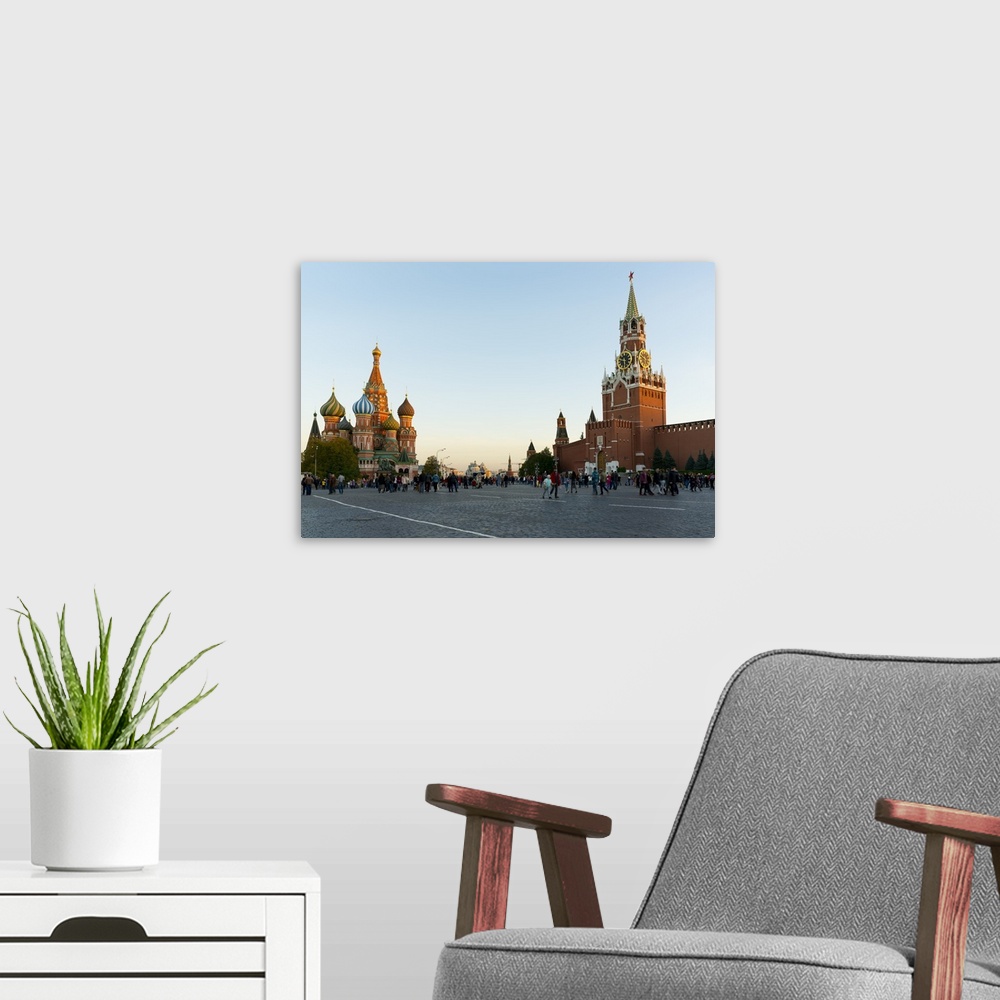 A modern room featuring Red Square, St. Basil's Cathedral and the Savior's Tower of the Kremlin, Moscow, Russia