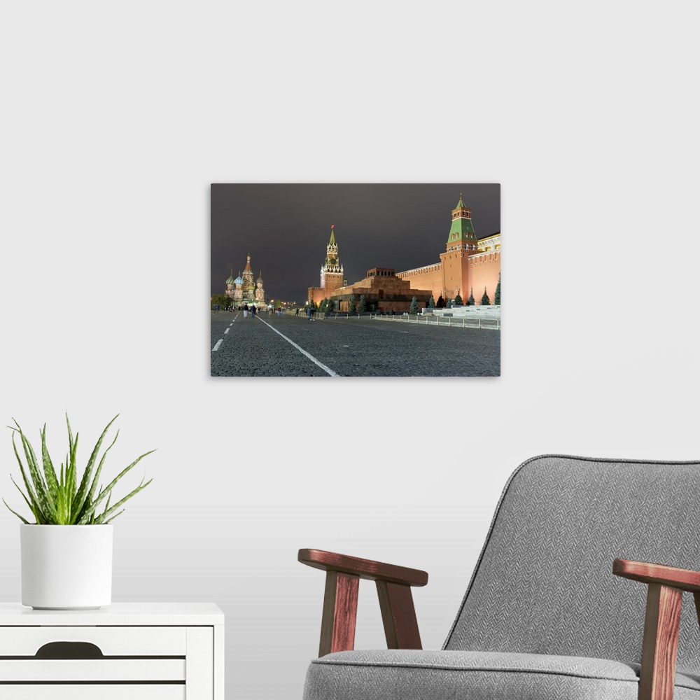A modern room featuring Red Square, St. Basil's Cathedral, Lenin's Tomb and walls of the Kremlin, Moscow, Russia