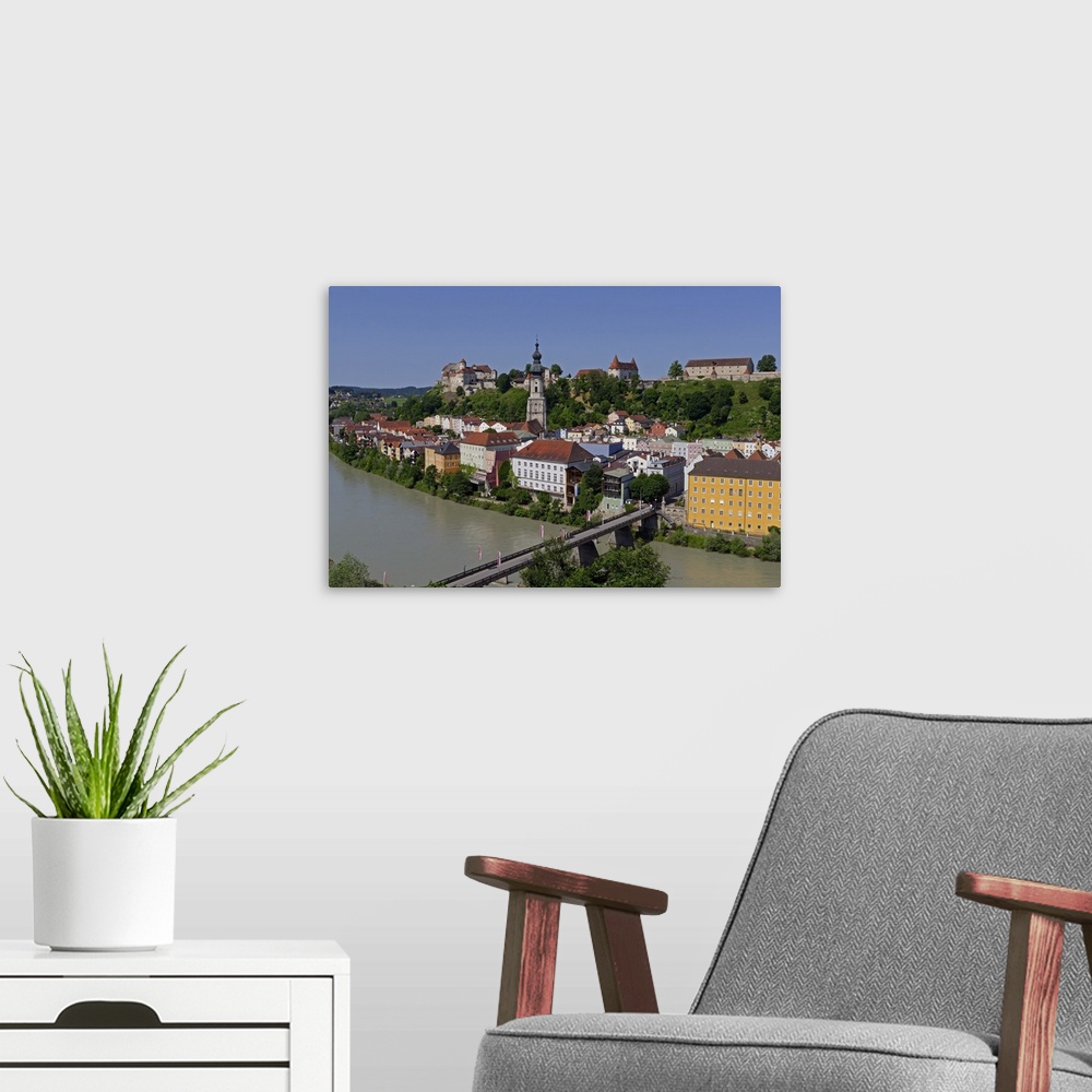 A modern room featuring Salzach River and Old Town with Castle, Burghausen, Upper Bavaria, Bavaria, Germany