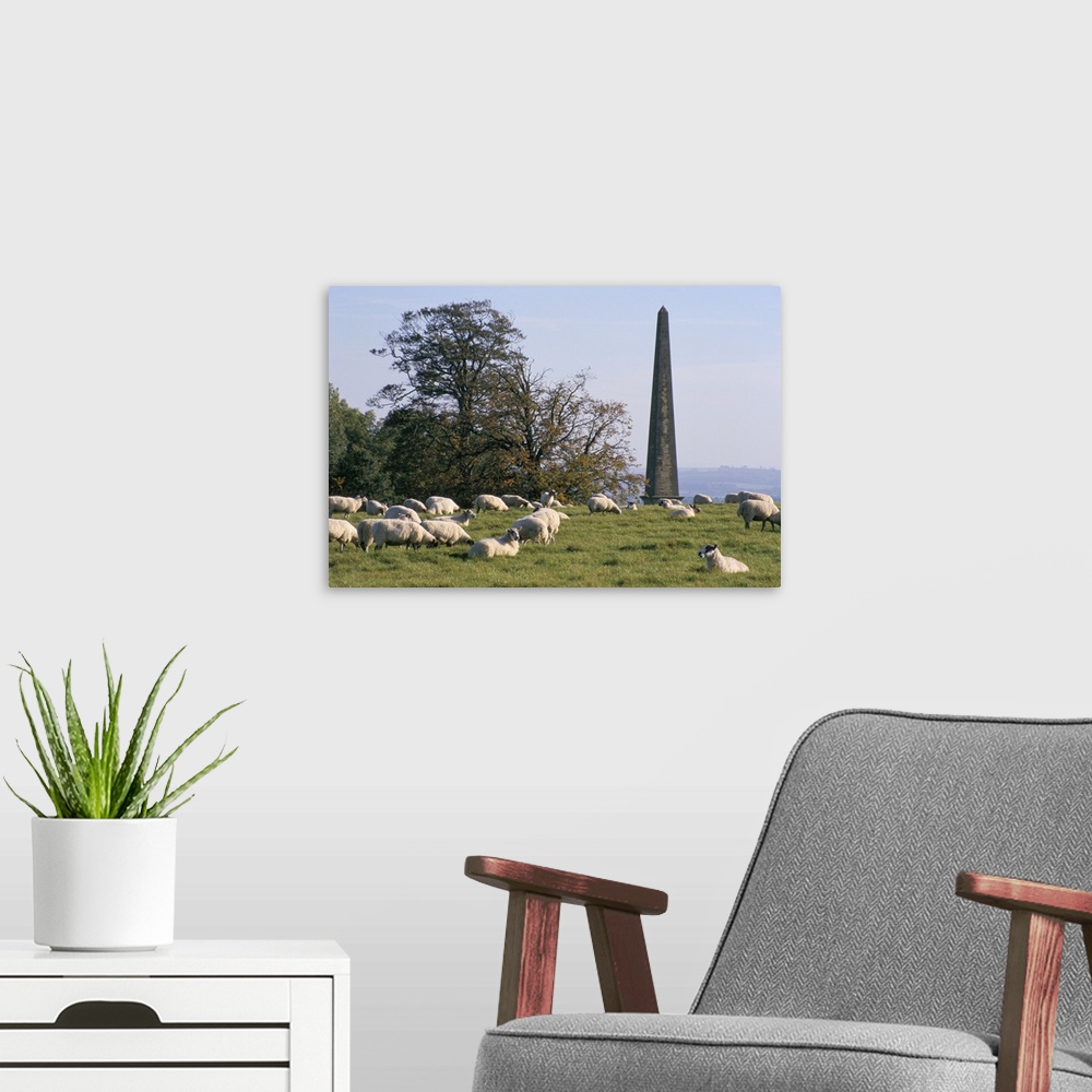 A modern room featuring Sheep and obelisk, Welcombe Hills, Warwickshire, England