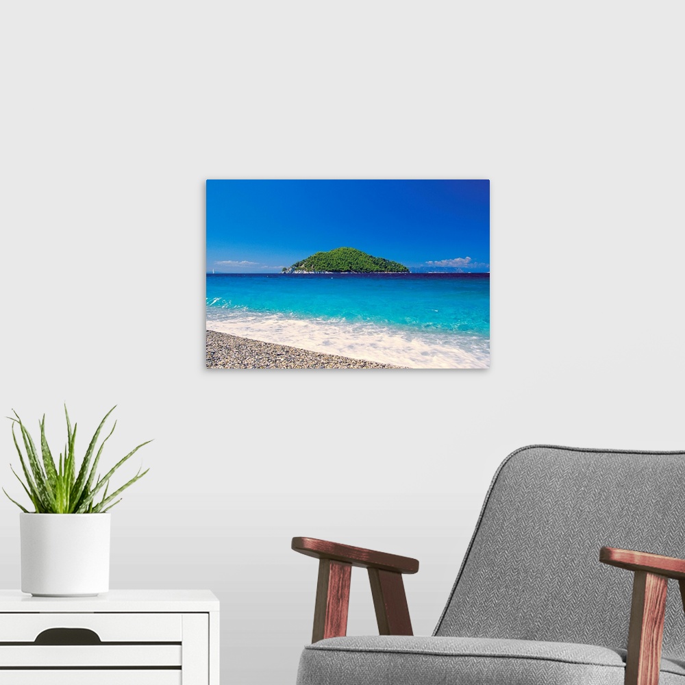 A modern room featuring Skopelos island, view from Milia Beach to an island, Sporades, Greek Islands, Greece