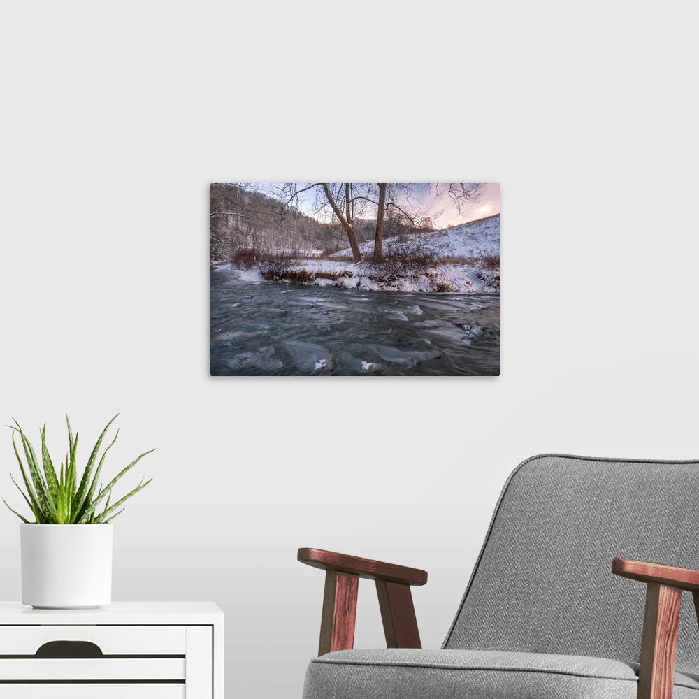 A modern room featuring Snow covered landscape and icy river, Blue Ridge Mountains, North Carolina