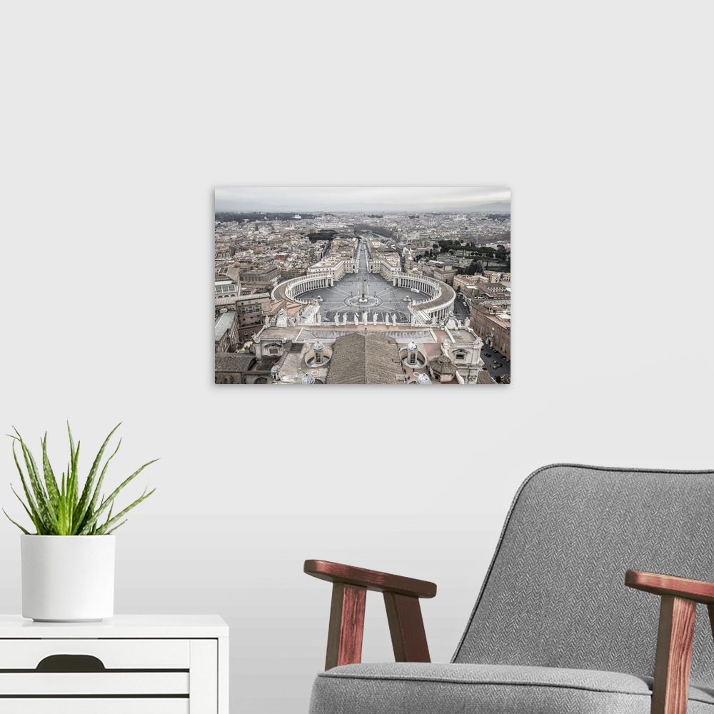 A modern room featuring St. Peter's Square from St. Peter's Basilica, UNESCO World Heritage Site, The Vatican, Rome, Lazi...
