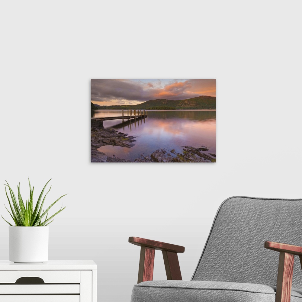 A modern room featuring Sunset, Hawes End landing stage jetty, Derwent Water, Lake District, Cumbria, England