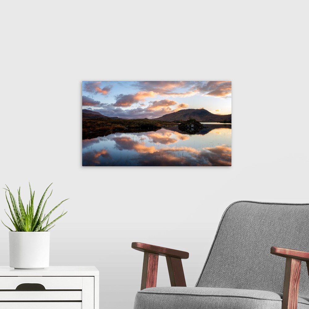 A modern room featuring Sunset view across Lochain na h'achlaise at dawn, Rannoch Moor, Highland, Scotland, United Kingdo...