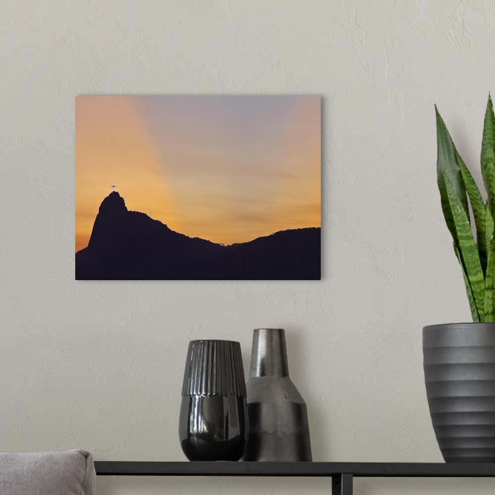 A modern room featuring Sunset view of Christ the Redeemer statue and Corcovado Mountain, Rio de Janeiro, Brazil, South A...
