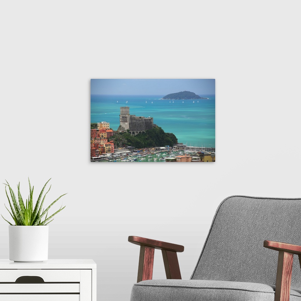A modern room featuring The fortress of Lerici, coast of Liguria, Italy
