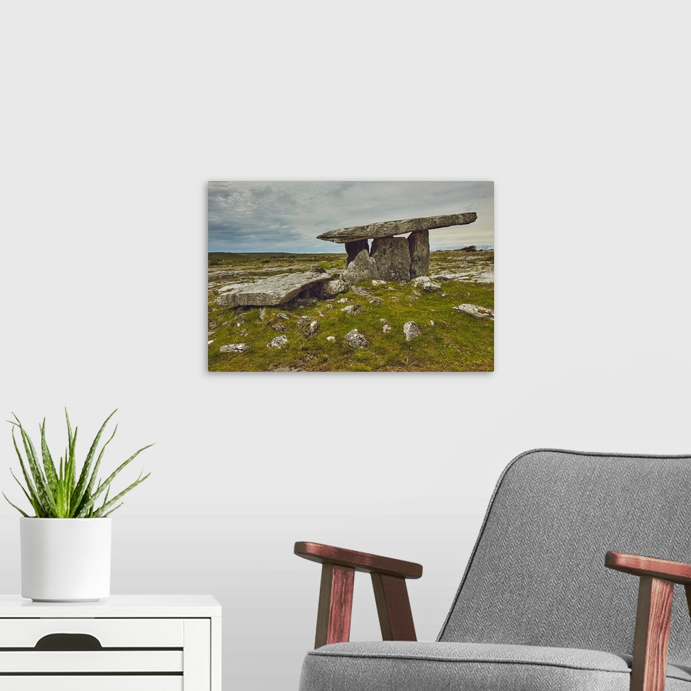 A modern room featuring The Poulnabrone dolmen, prehistoric slab burial chamber, The Burren, County Clare, Munster, Repub...