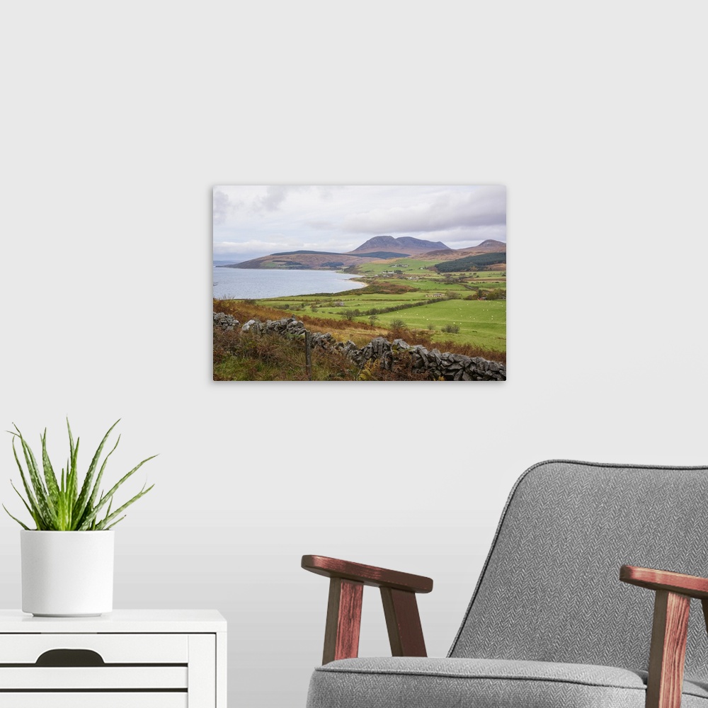 A modern room featuring Tormore and Machrie Bay, looking towards Beinn Bharrain, Isle of Arran, North Ayrshire, Scotland,...