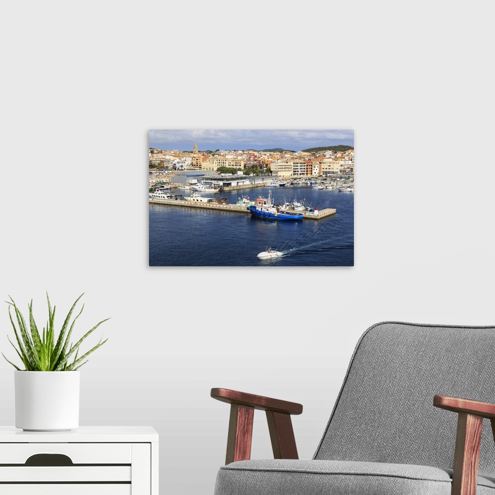 A modern room featuring Town centre, fishing boats and pleasure craft, from the sea, Palamos, Costa Brava, Girona, Catalo...