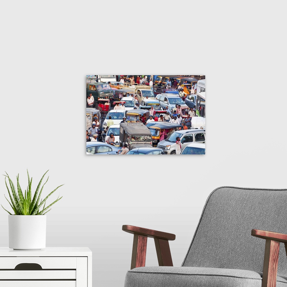 A modern room featuring Traffic congestion and street life in the city of Jaipur, Rajasthan, India, Asia