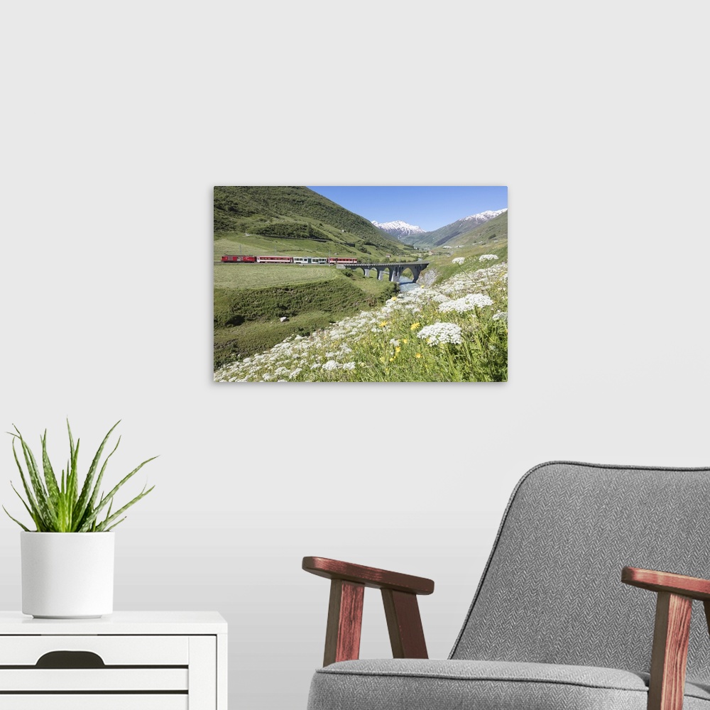 A modern room featuring Typical red Swiss train on Hospental Viadukt surrounded by creek and blooming flowers, Andermatt,...